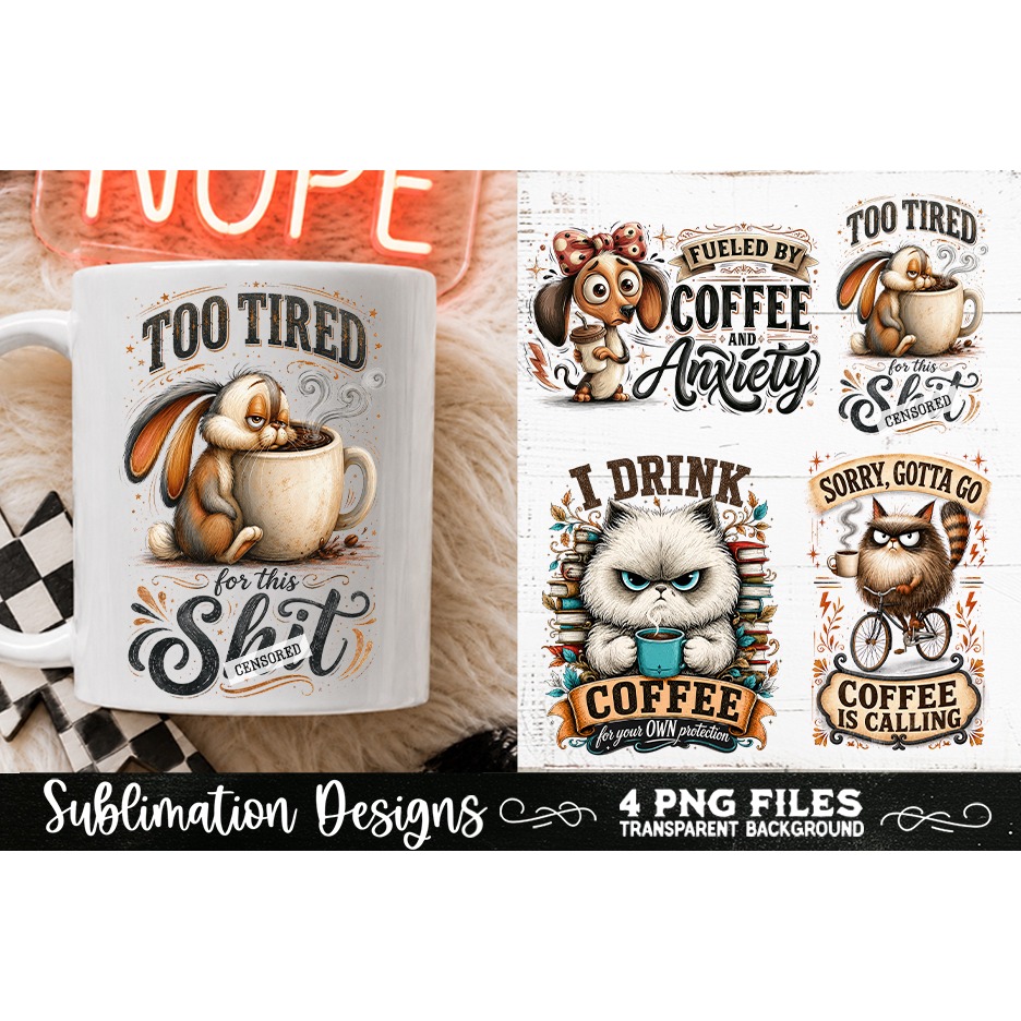 Funny Coffee Animals PNG Sublimation Designs 4 Files (12)