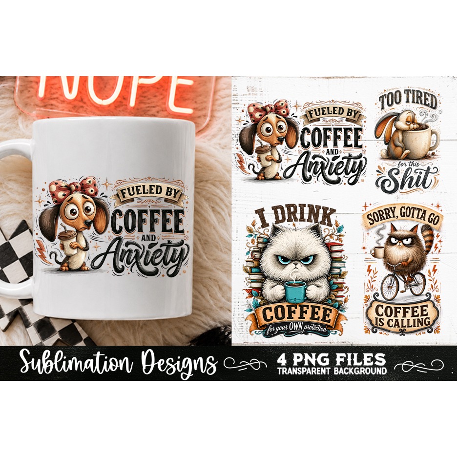 Funny Coffee Animals PNG Sublimation Designs 4 Files (12) 3