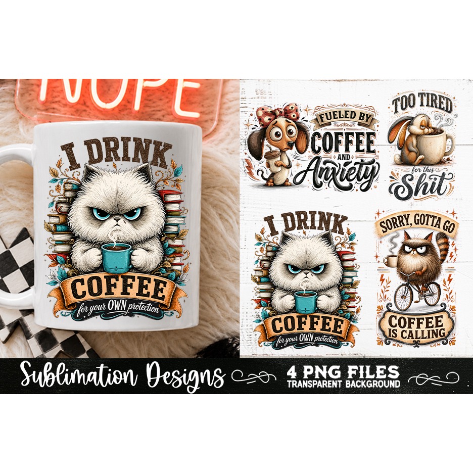 Funny Coffee Animals PNG Sublimation Designs 4 Files (12) 4