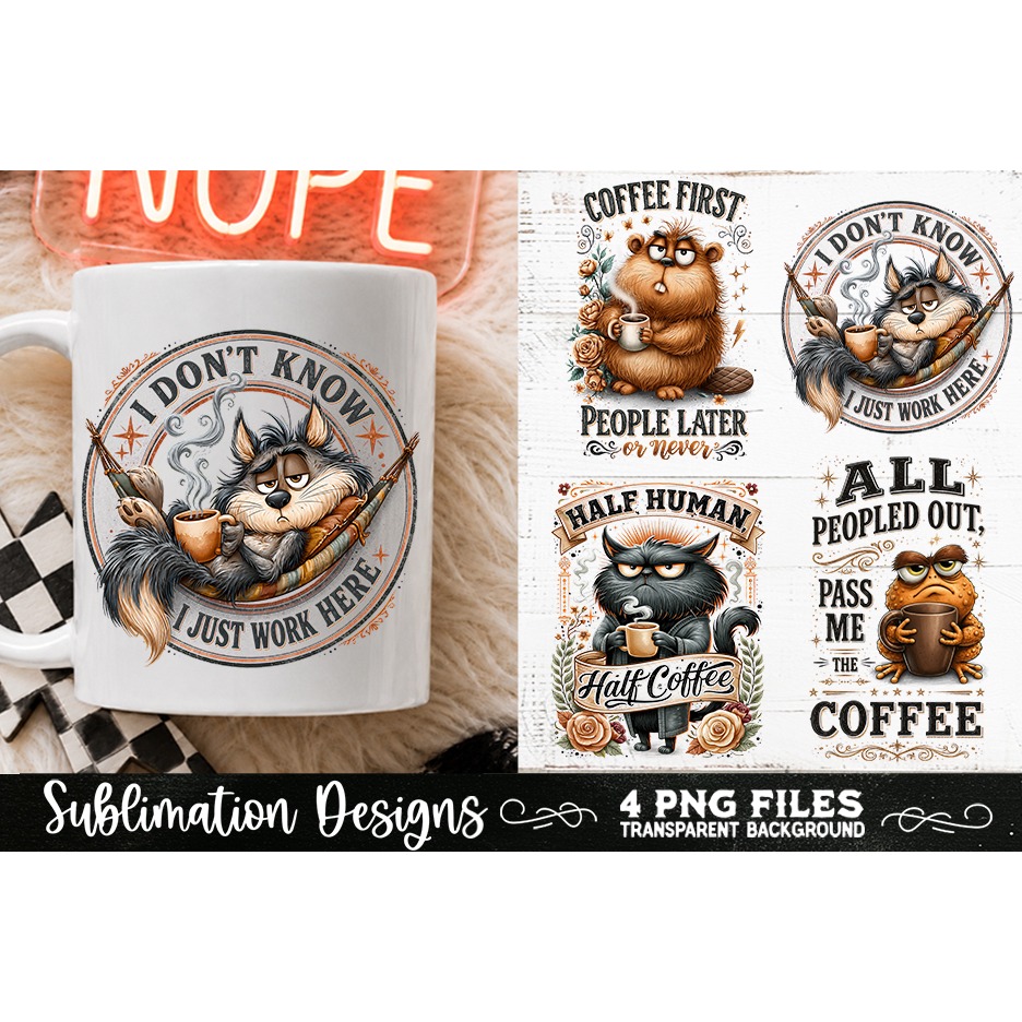 Funny Coffee Animals PNG Sublimation Designs 4 Files (13)