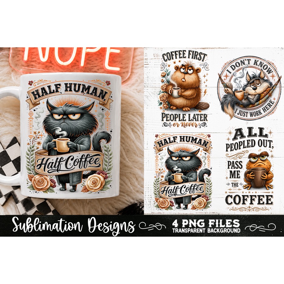 Funny Coffee Animals PNG Sublimation Designs 4 Files (13) 2