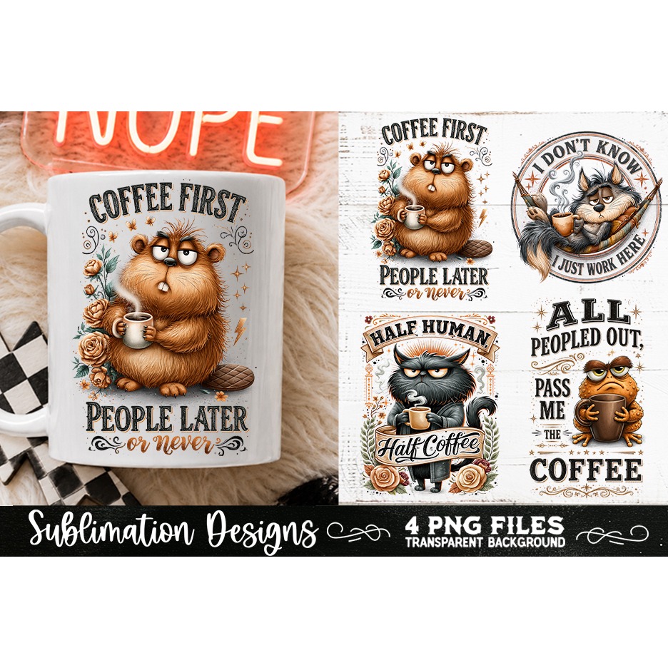 Funny Coffee Animals PNG Sublimation Designs 4 Files (13) 3