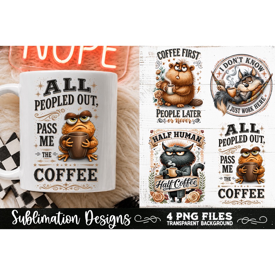 Funny Coffee Animals PNG Sublimation Designs 4 Files (13) 4