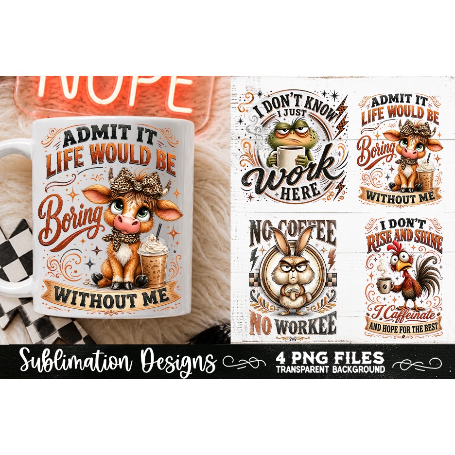 Funny Coffee Animals PNG Sublimation Designs 4 Files (14) 2