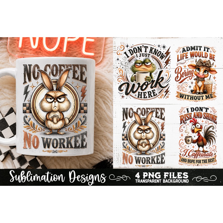 Funny Coffee Animals PNG Sublimation Designs 4 Files (14) 3
