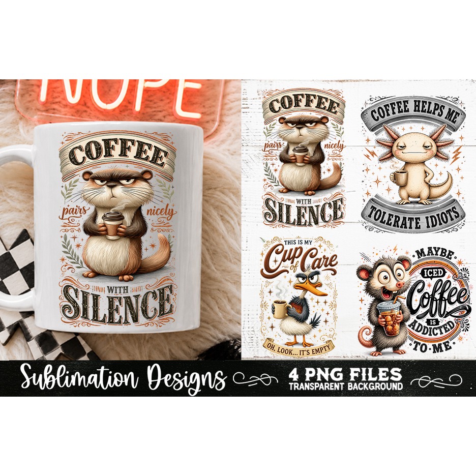 Funny Coffee Animals PNG Sublimation Designs 4 Files (15) 2