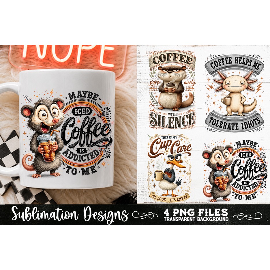 Funny Coffee Animals PNG Sublimation Designs 4 Files (15) 3