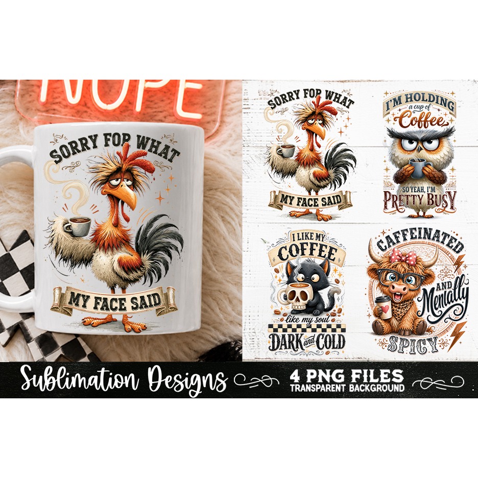 Funny Coffee Animals PNG Sublimation Designs 4 Files (16) 2