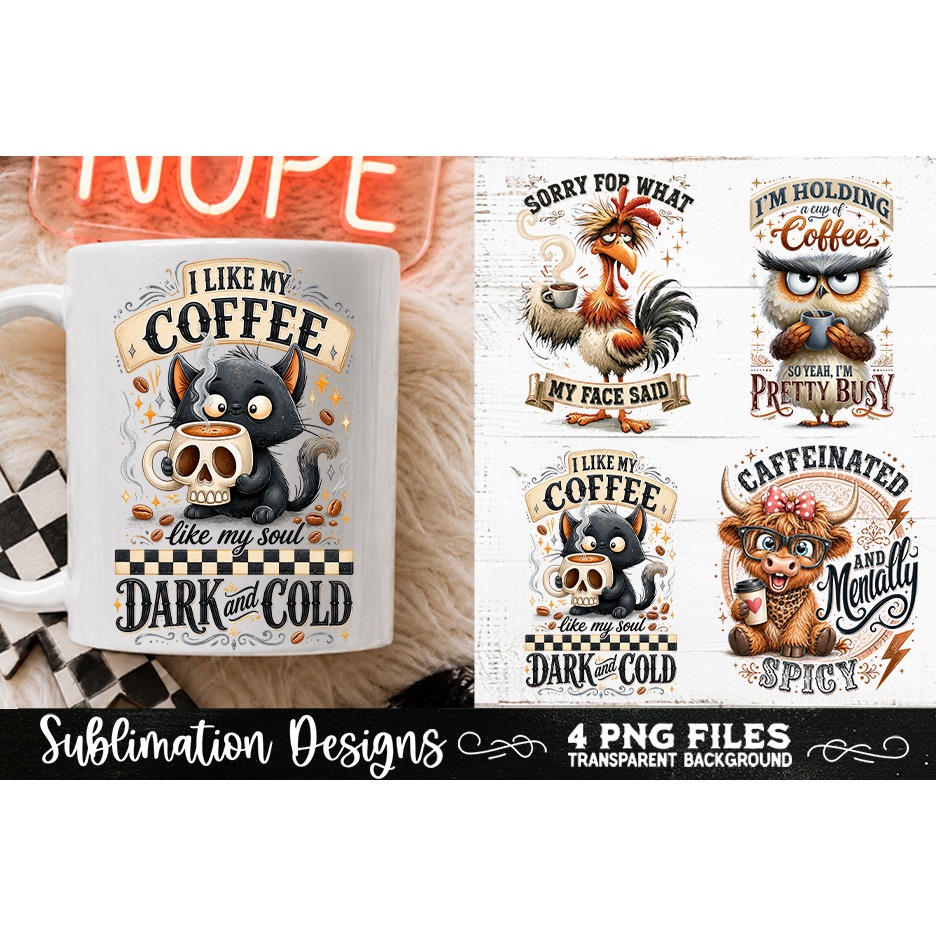 Funny Coffee Animals PNG Sublimation Designs 4 Files (16) 3