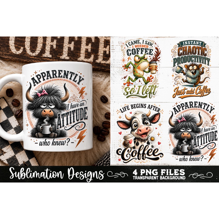 Funny Coffee Animals PNG Sublimation Designs 4 Files (17)