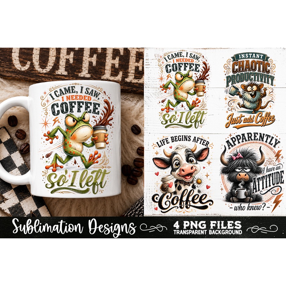 Funny Coffee Animals PNG Sublimation Designs 4 Files (17) 2