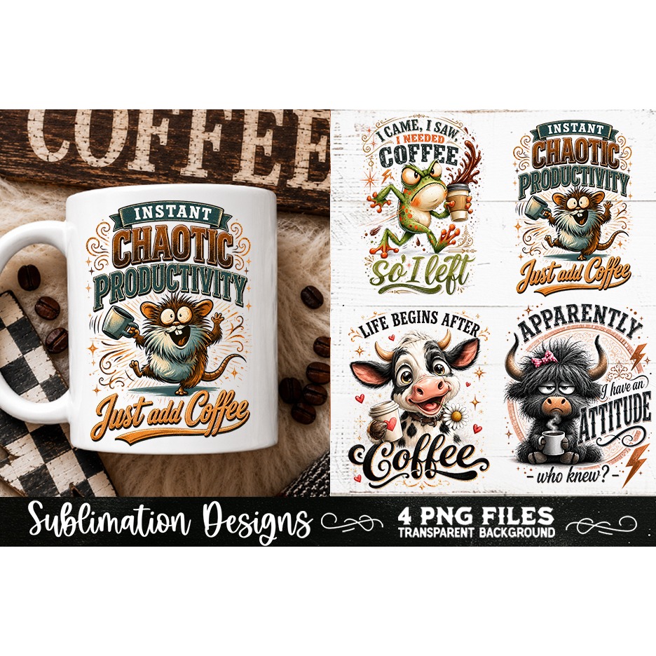 Funny Coffee Animals PNG Sublimation Designs 4 Files (17) 4