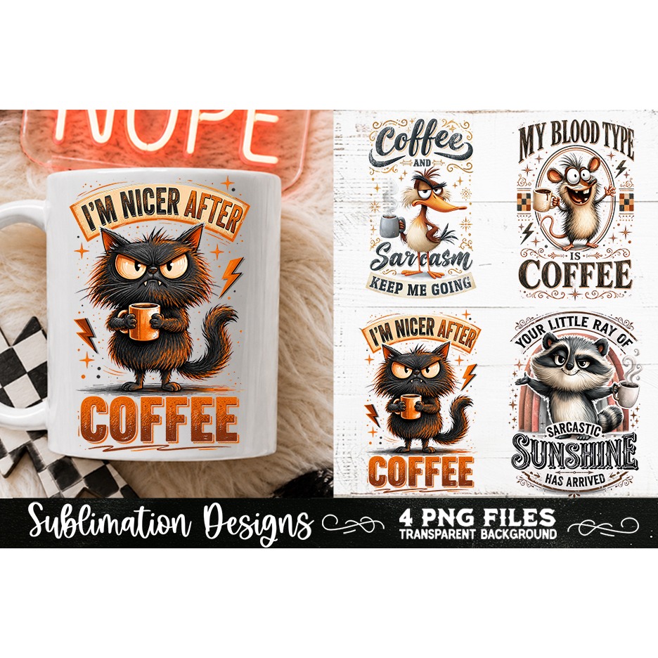 Funny Coffee Animals PNG Sublimation Designs 4 Files (18) 2