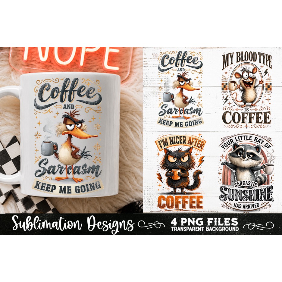 Funny Coffee Animals PNG Sublimation Designs 4 Files (18) 3