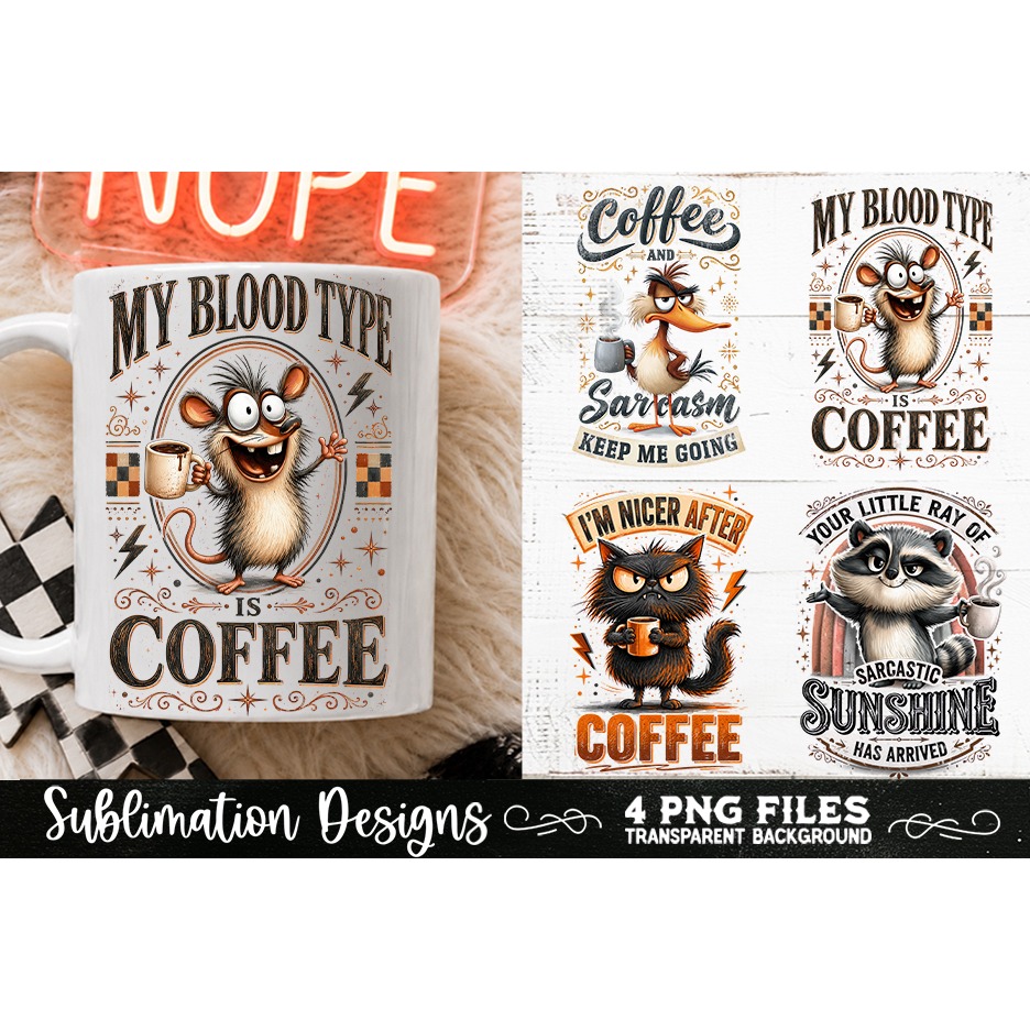 Funny Coffee Animals PNG Sublimation Designs 4 Files (18) 4