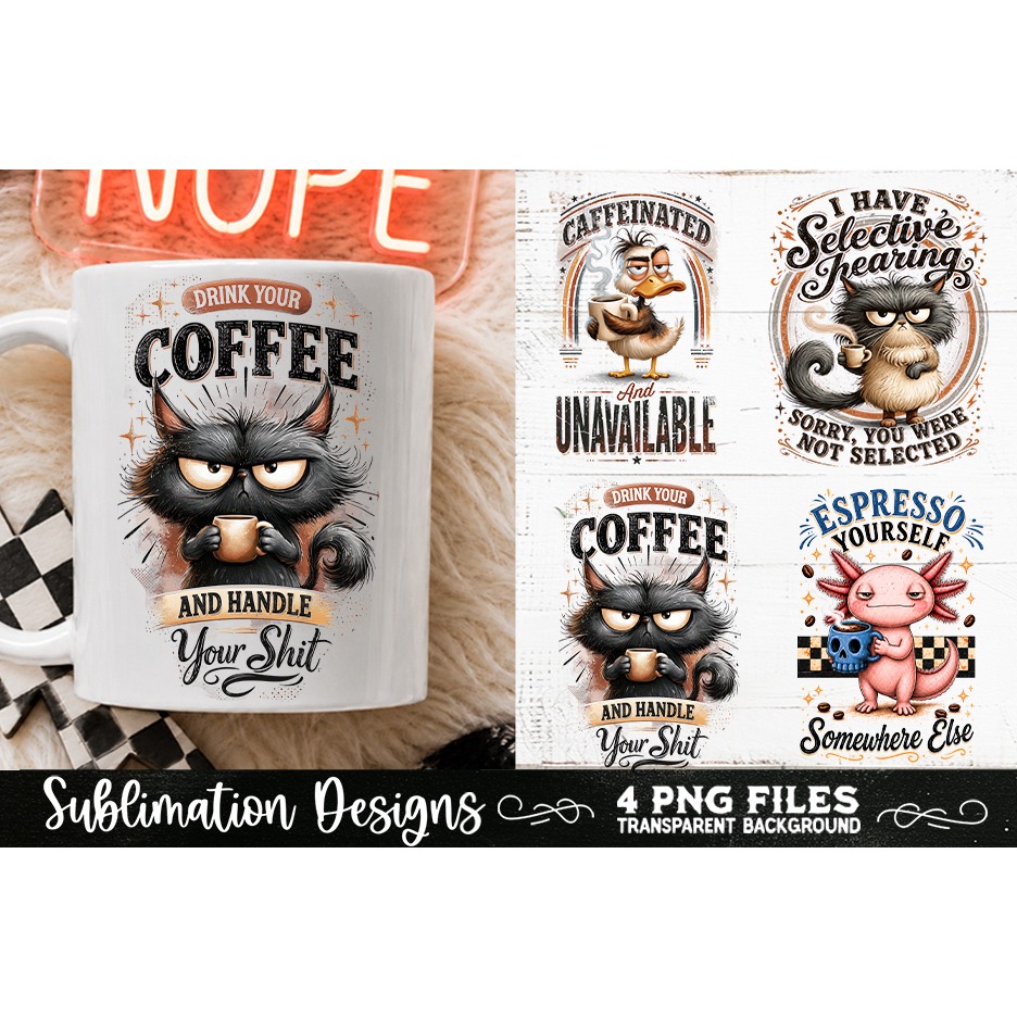 Funny Coffee Animals PNG Sublimation Designs 4 Files (2) 2