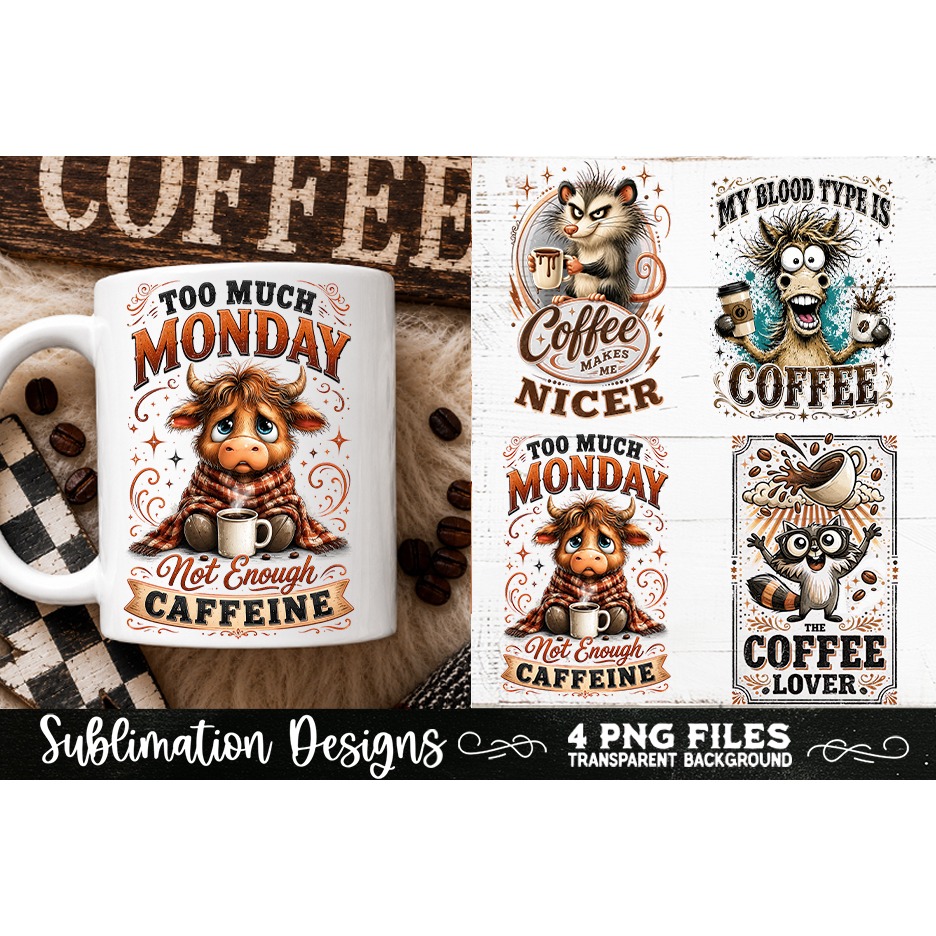Funny Coffee Animals PNG Sublimation Designs 4 Files 3