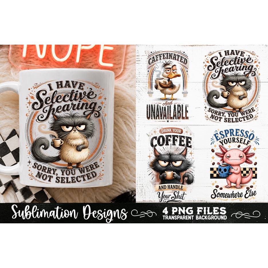 Funny Coffee Animals PNG Sublimation Designs 4 Files (2) 4