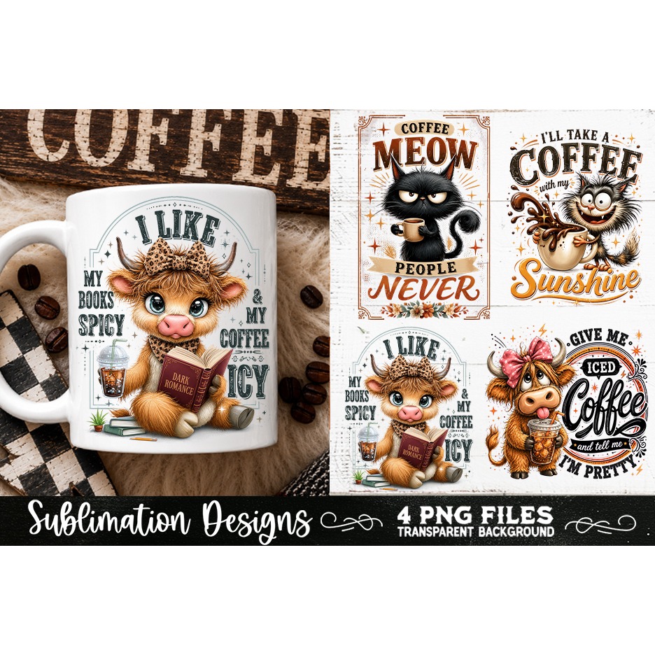 Funny Coffee Animals PNG Sublimation Designs 4 Files (20) 2