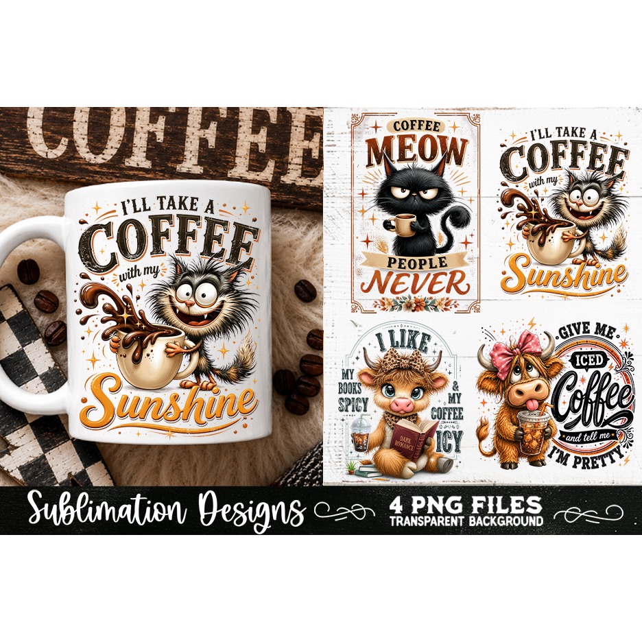 Funny Coffee Animals PNG Sublimation Designs 4 Files (20) 4