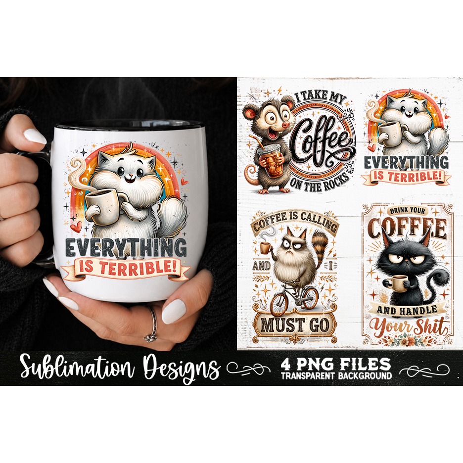 Funny Coffee Animals PNG Sublimation Designs 4 Files (21) 2