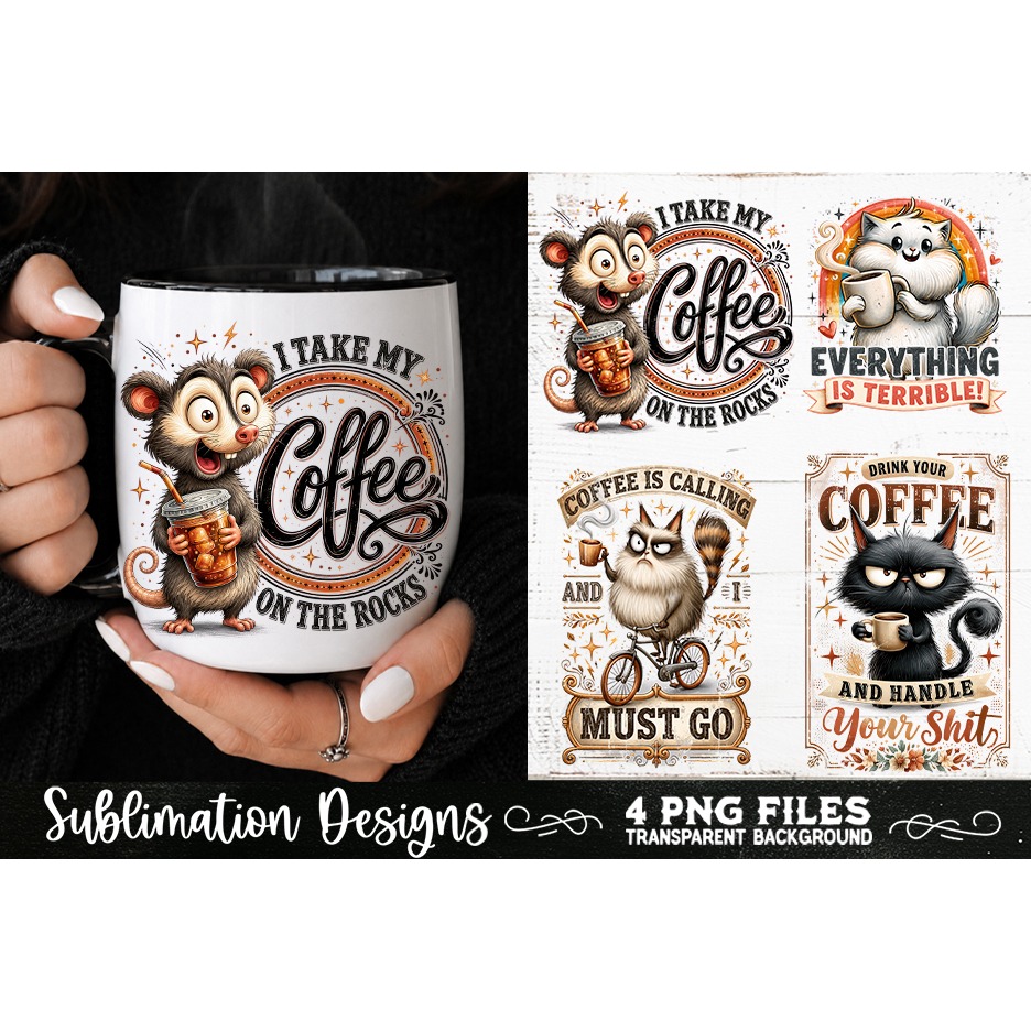Funny Coffee Animals PNG Sublimation Designs 4 Files (21) 3