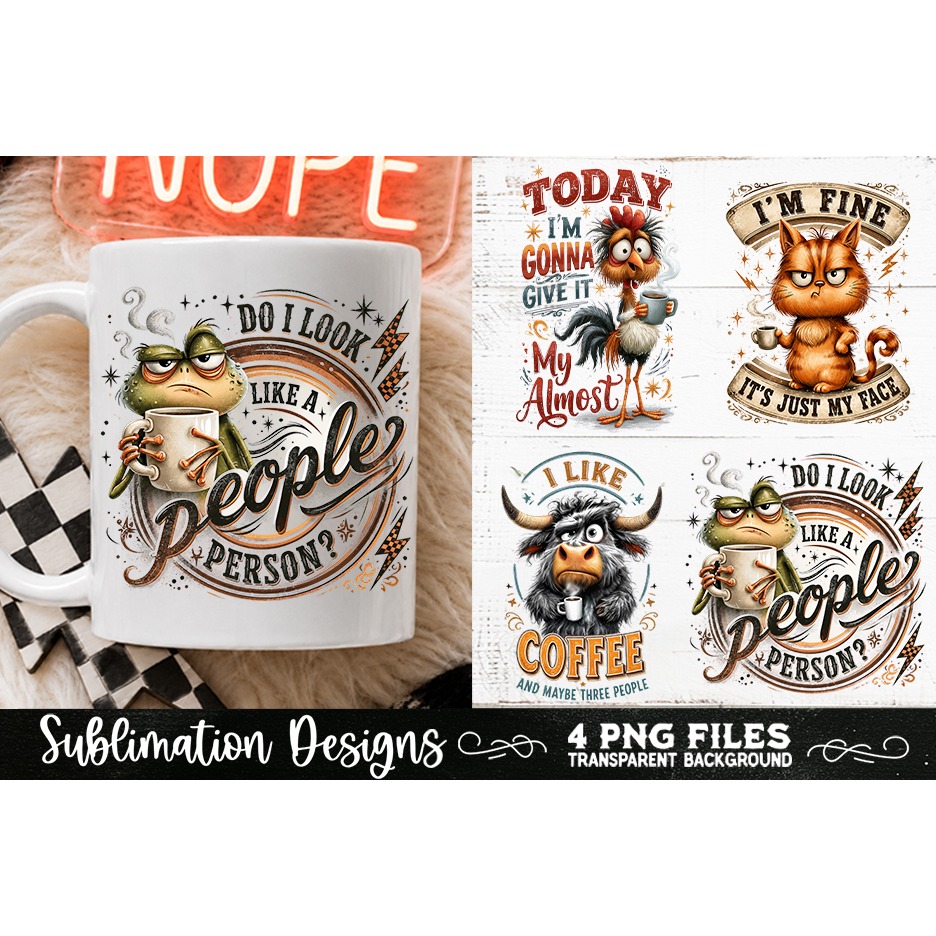 Funny Coffee Animals PNG Sublimation Designs 4 Files (22) 2