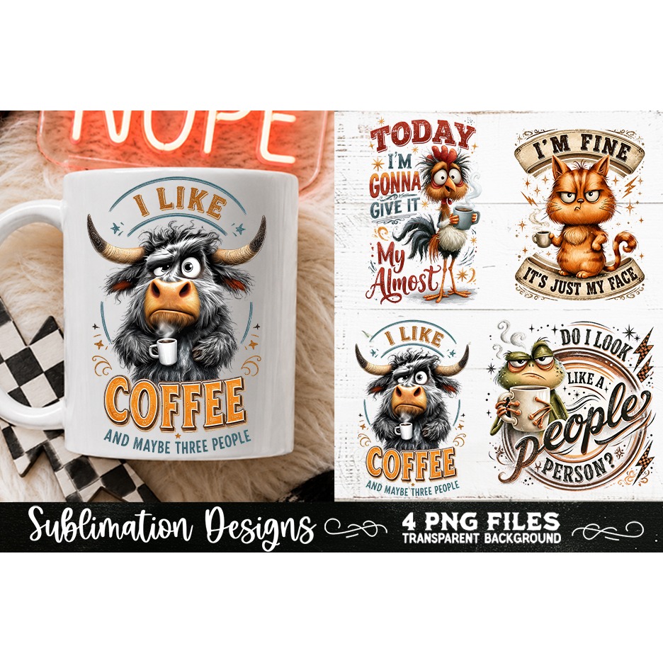 Funny Coffee Animals PNG Sublimation Designs 4 Files (22) 3