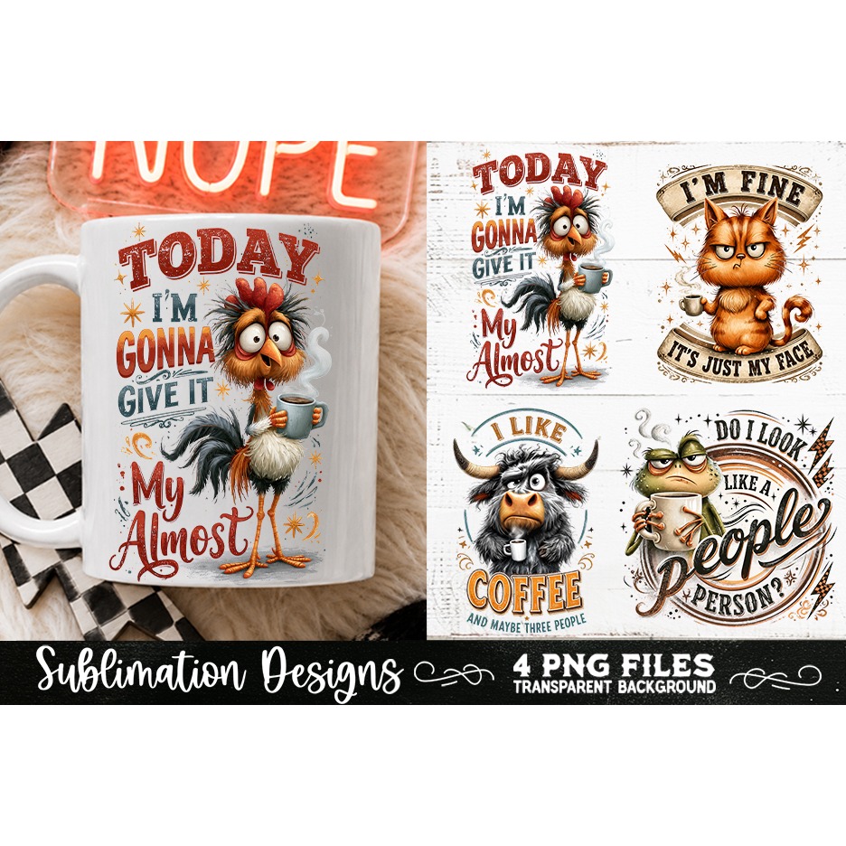 Funny Coffee Animals PNG Sublimation Designs 4 Files (22) 4
