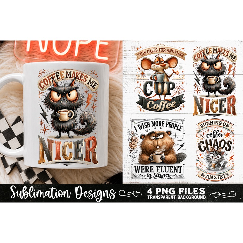 Funny Coffee Animals PNG Sublimation Designs 4 Files (23)
