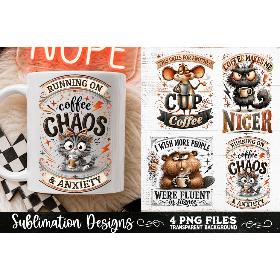 Funny Coffee Animals PNG Sublimation Designs 4 Files (23) 2