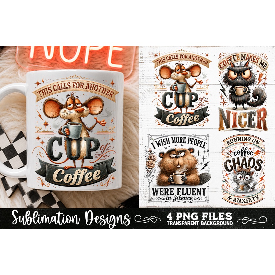 Funny Coffee Animals PNG Sublimation Designs 4 Files (23) 3