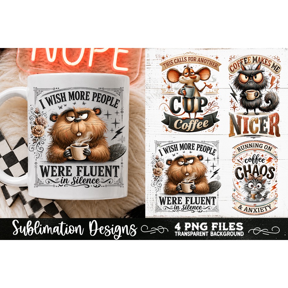 Funny Coffee Animals PNG Sublimation Designs 4 Files (23) 4