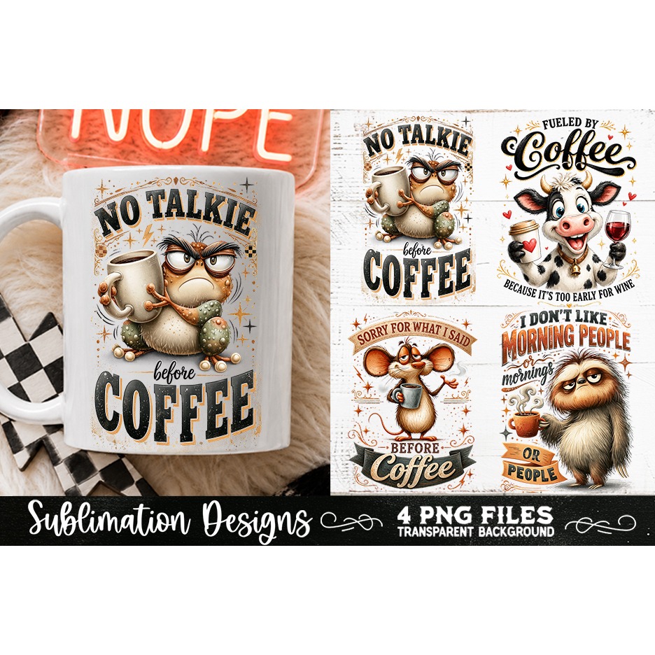 Funny Coffee Animals PNG Sublimation Designs 4 Files (24) 2