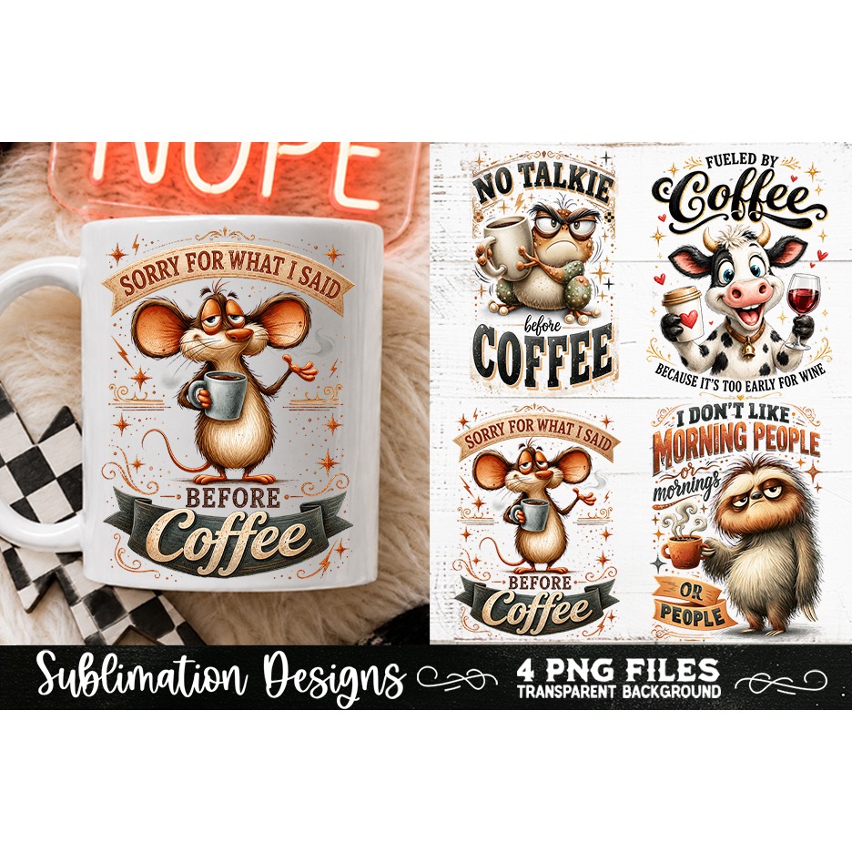 Funny Coffee Animals PNG Sublimation Designs 4 Files (24) 3