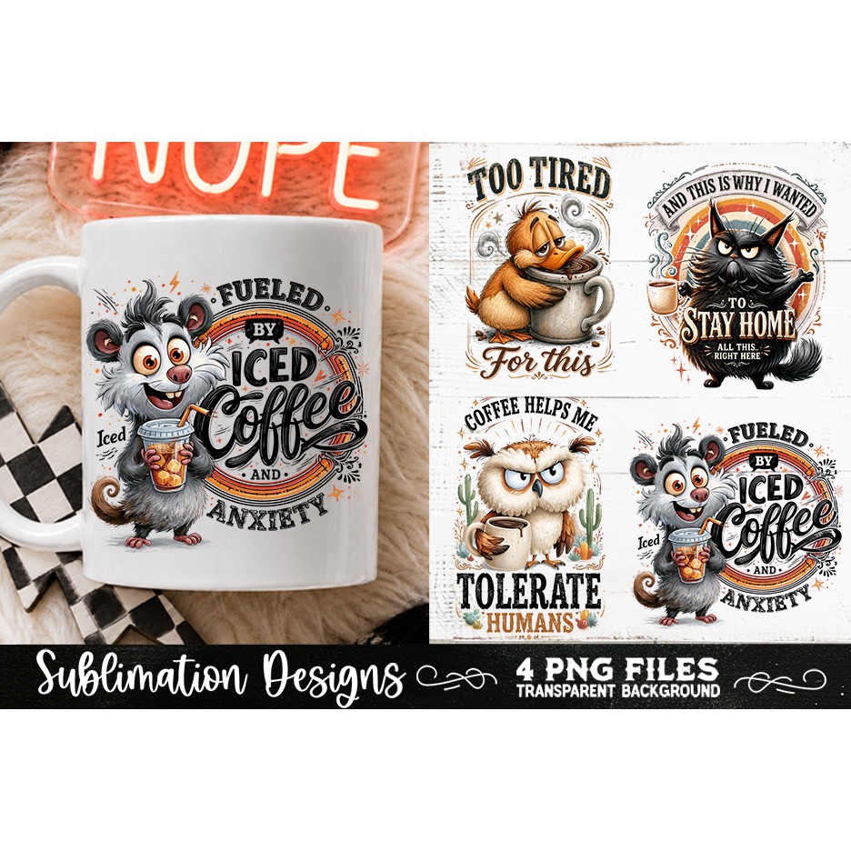 Funny Coffee Animals PNG Sublimation Designs 4 Files (25) 2