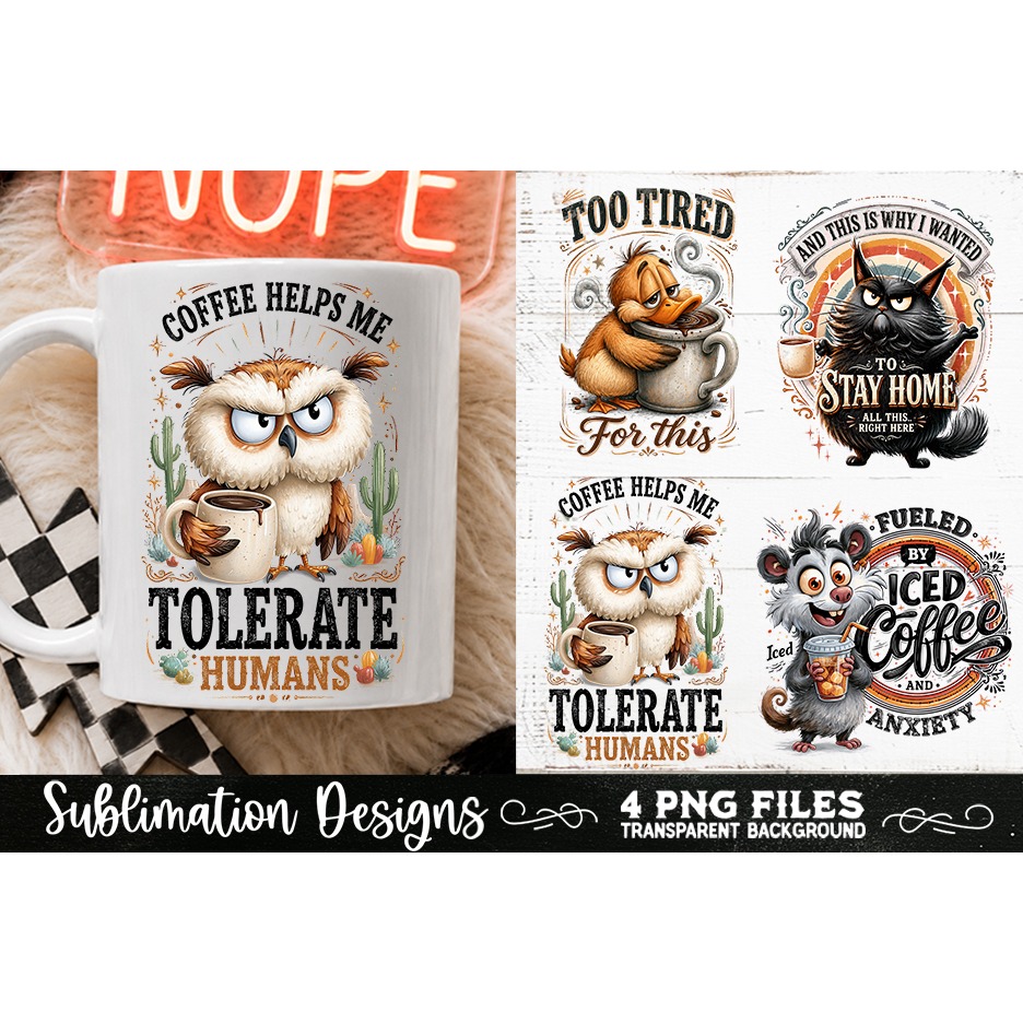 Funny Coffee Animals PNG Sublimation Designs 4 Files (25) 3