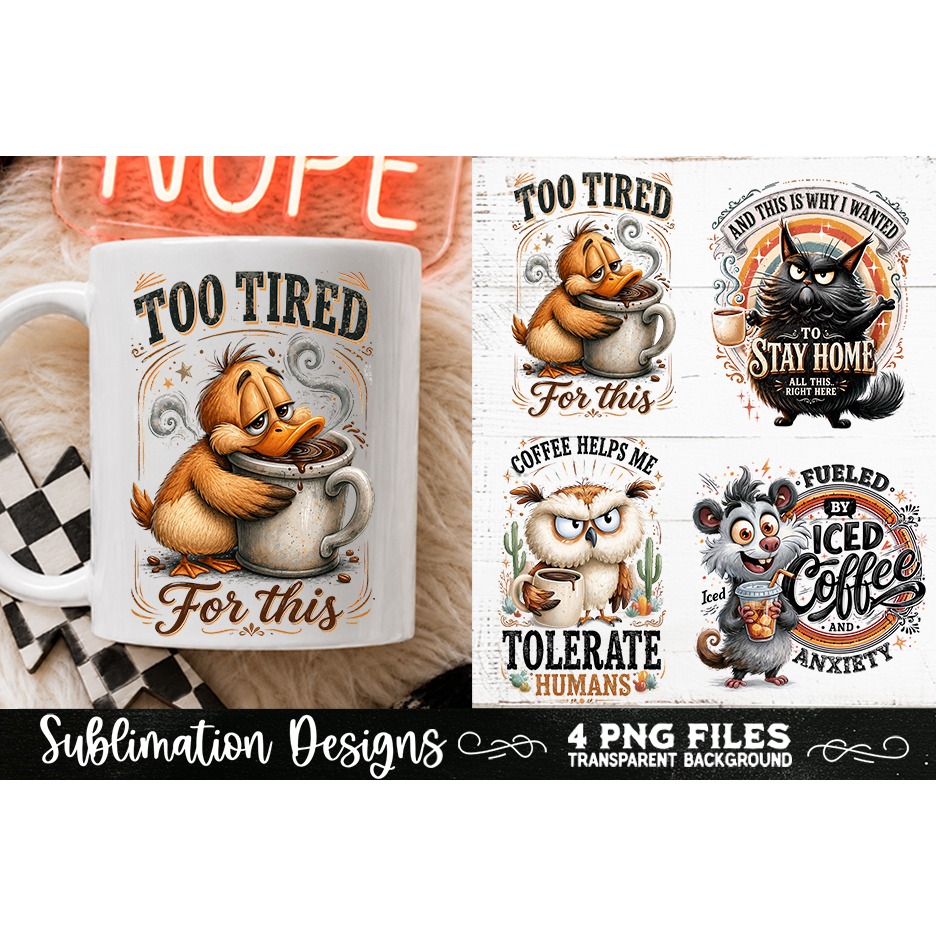Funny Coffee Animals PNG Sublimation Designs 4 Files (25) 4