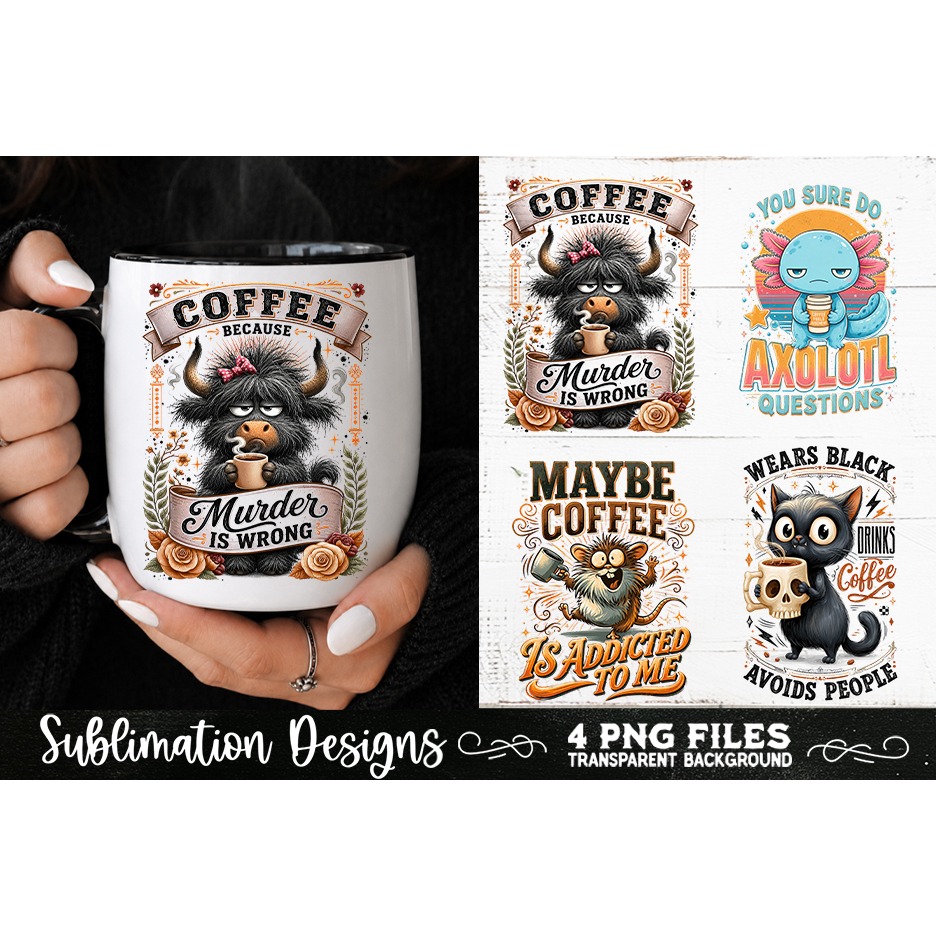 Funny Coffee Animals PNG Sublimation Designs 4 Files (3) 2