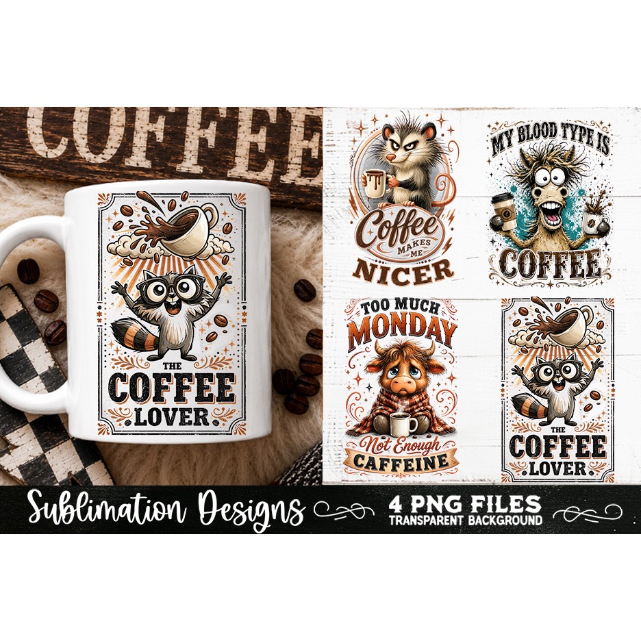 Funny Coffee Animals PNG Sublimation Designs 4 Files 4