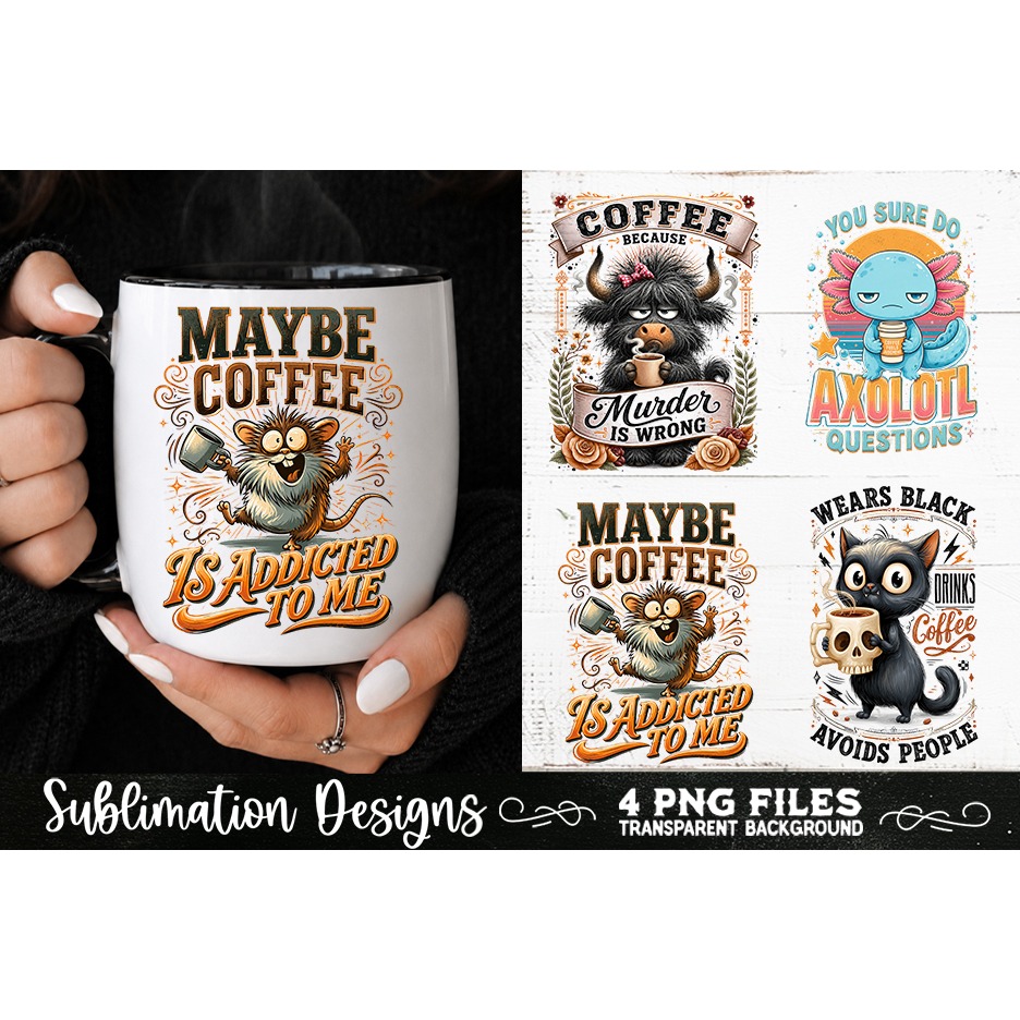 Funny Coffee Animals PNG Sublimation Designs 4 Files (3) 3