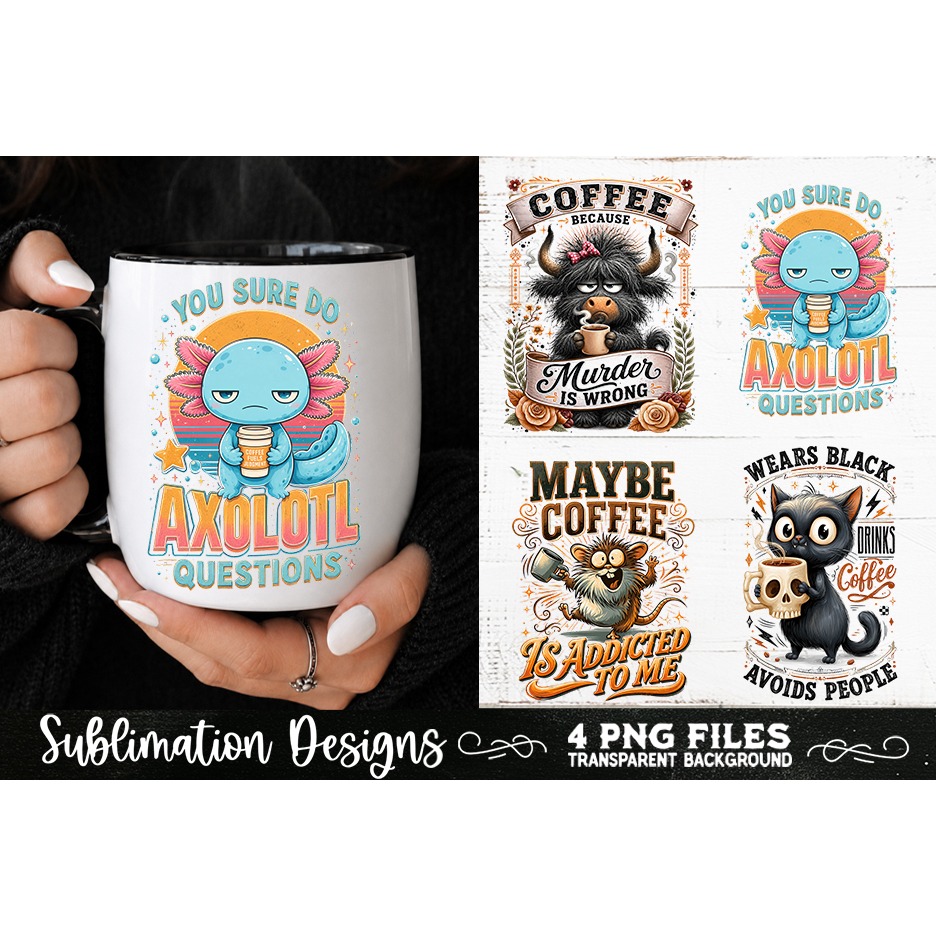 Funny Coffee Animals PNG Sublimation Designs 4 Files (3) 4