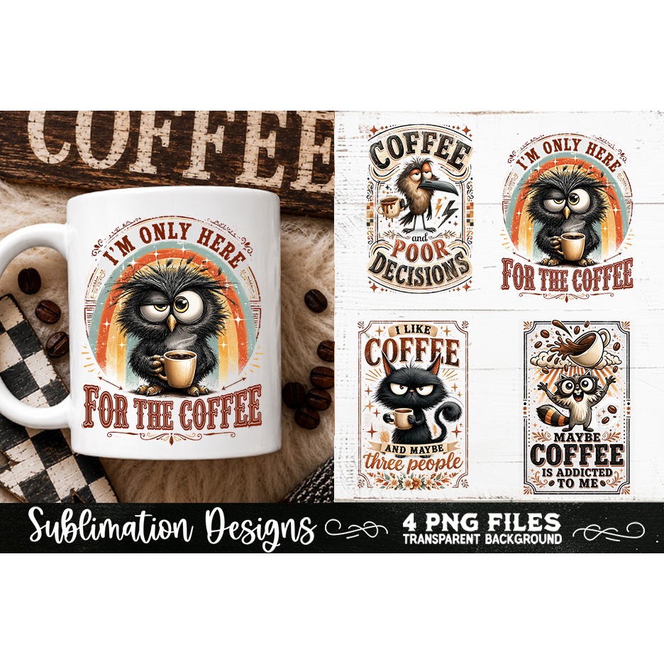 Funny Coffee Animals PNG Sublimation Designs 4 Files (4)