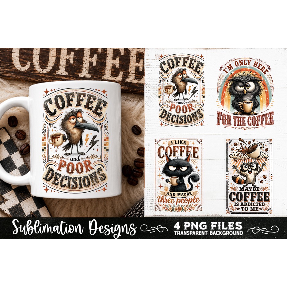 Funny Coffee Animals PNG Sublimation Designs 4 Files (4) 2