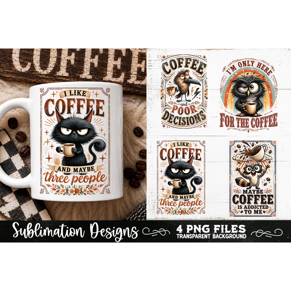 Funny Coffee Animals PNG Sublimation Designs 4 Files (4) 3