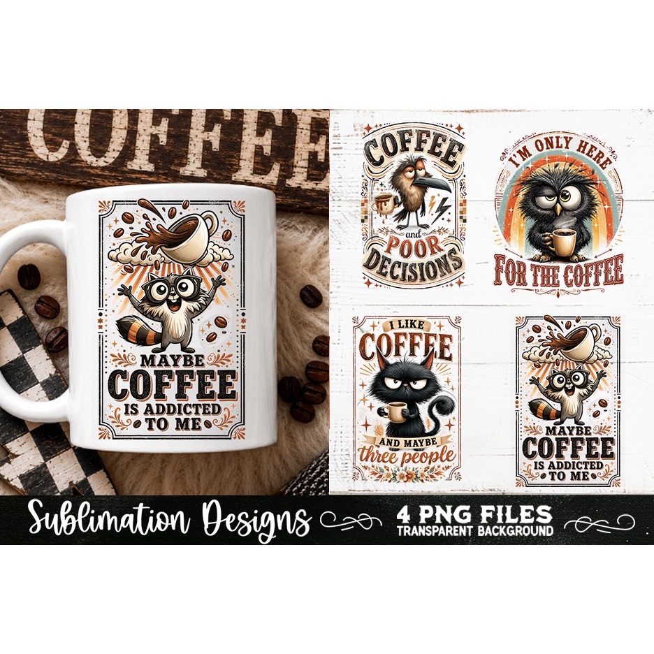 Funny Coffee Animals PNG Sublimation Designs 4 Files (4) 4