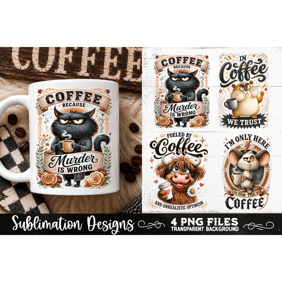 Funny Coffee Animals PNG Sublimation Designs 4 Files (5)