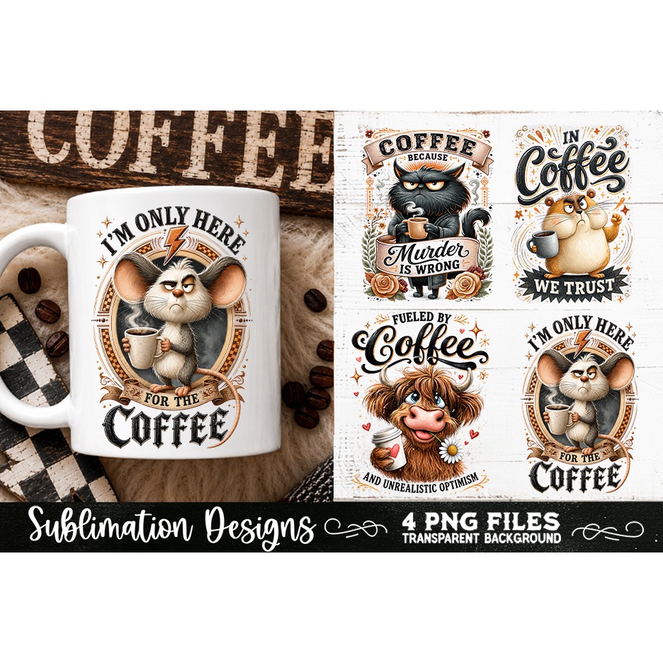 Funny Coffee Animals PNG Sublimation Designs 4 Files (5) 2