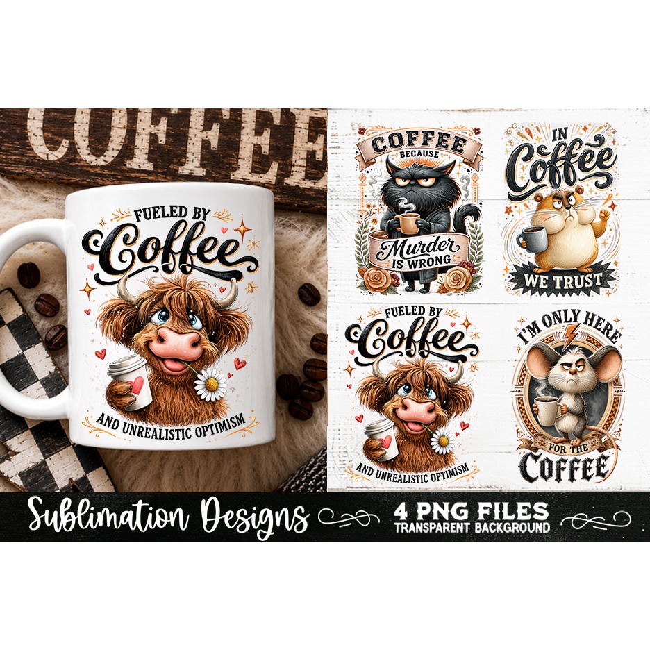 Funny Coffee Animals PNG Sublimation Designs 4 Files (5) 3