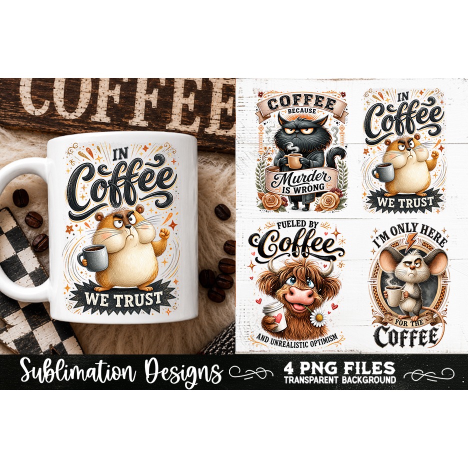 Funny Coffee Animals PNG Sublimation Designs 4 Files (5) 4